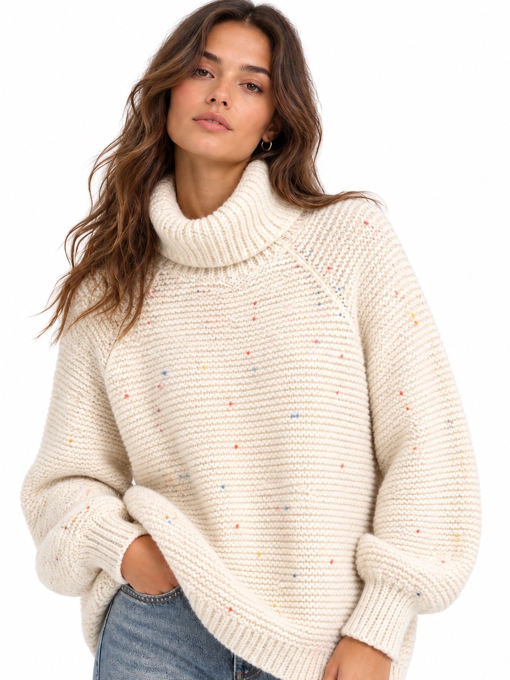 Lou & Grey Speckled Cowl Neck Sweater in Cream Size Medium